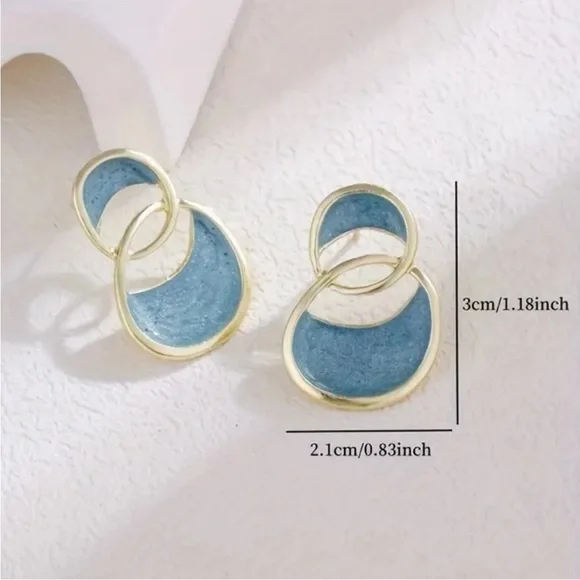 Gold Frame Blue Marbled Double Circle Drop Earrings - Women Jewelry - Picture 3 of 3